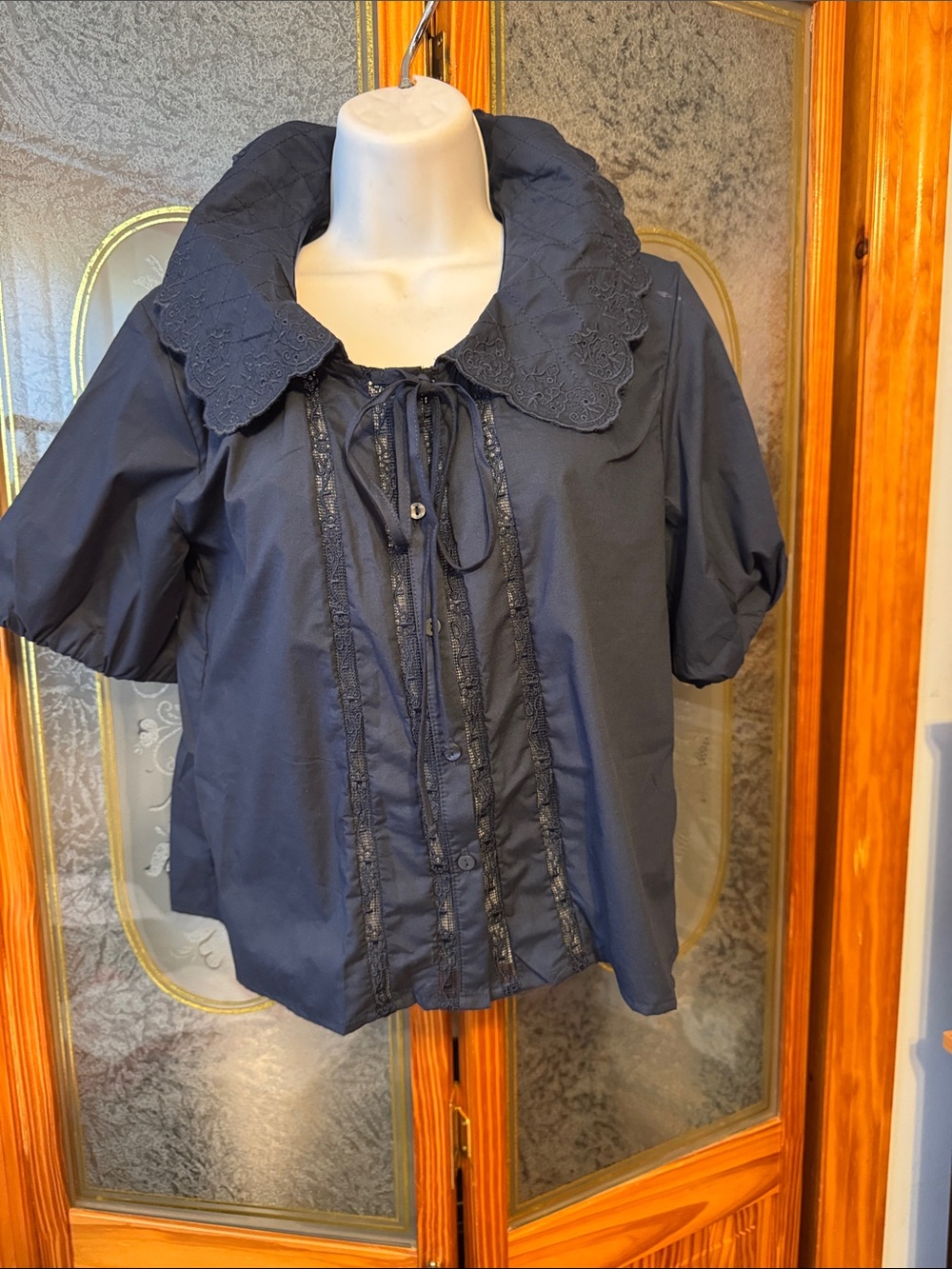 Joie Navy Scalloped Lace-Trim Blouse